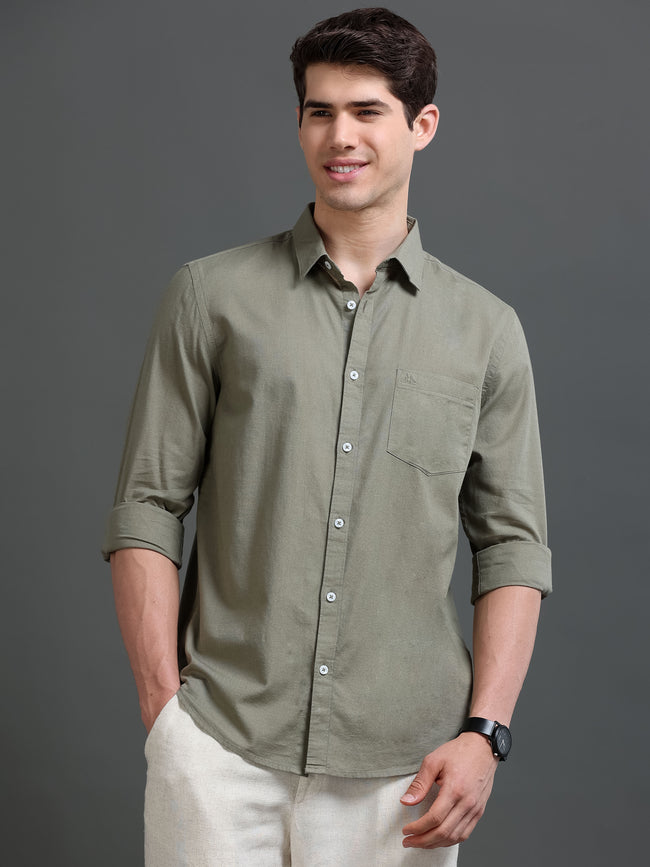 Men Olive Slub Solid Shirt