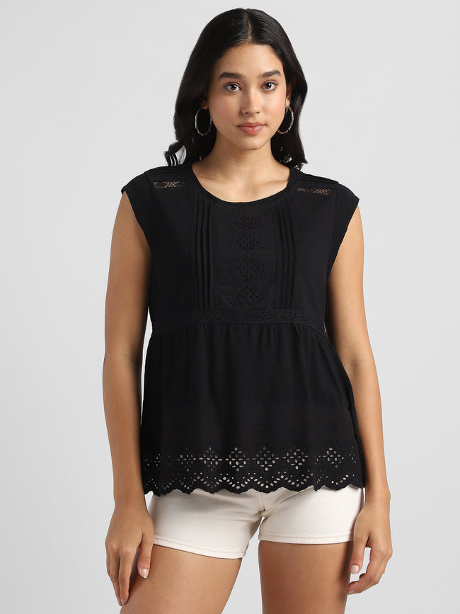 Women Black Embroidered Top with Schiffli  Inserts