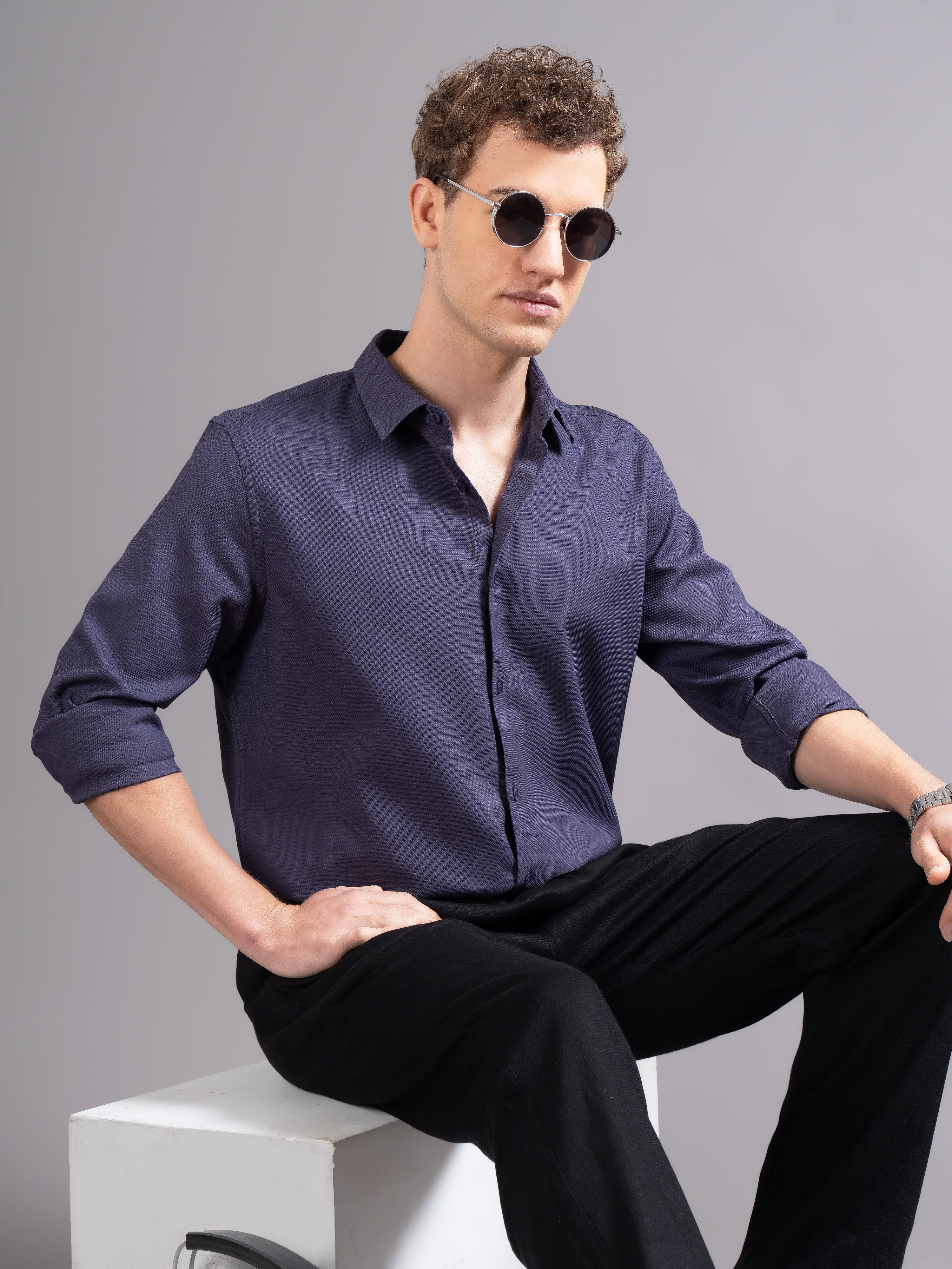 Men Purple Cotton Shirt