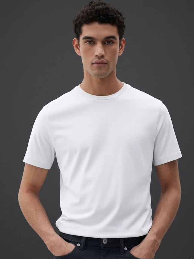 Men White Solid Cotton T-shirt