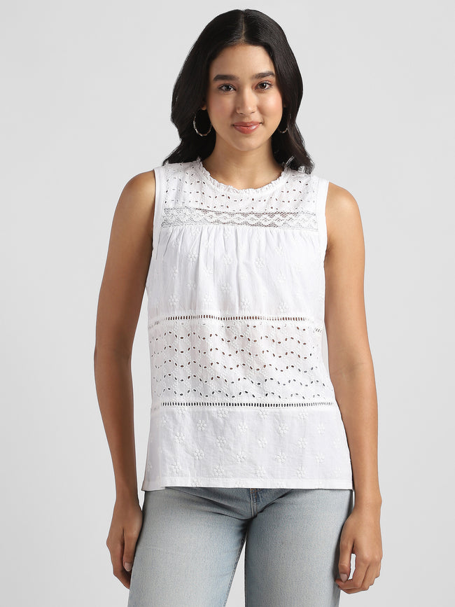 Women Cotton White Shiffli Embroidered Top