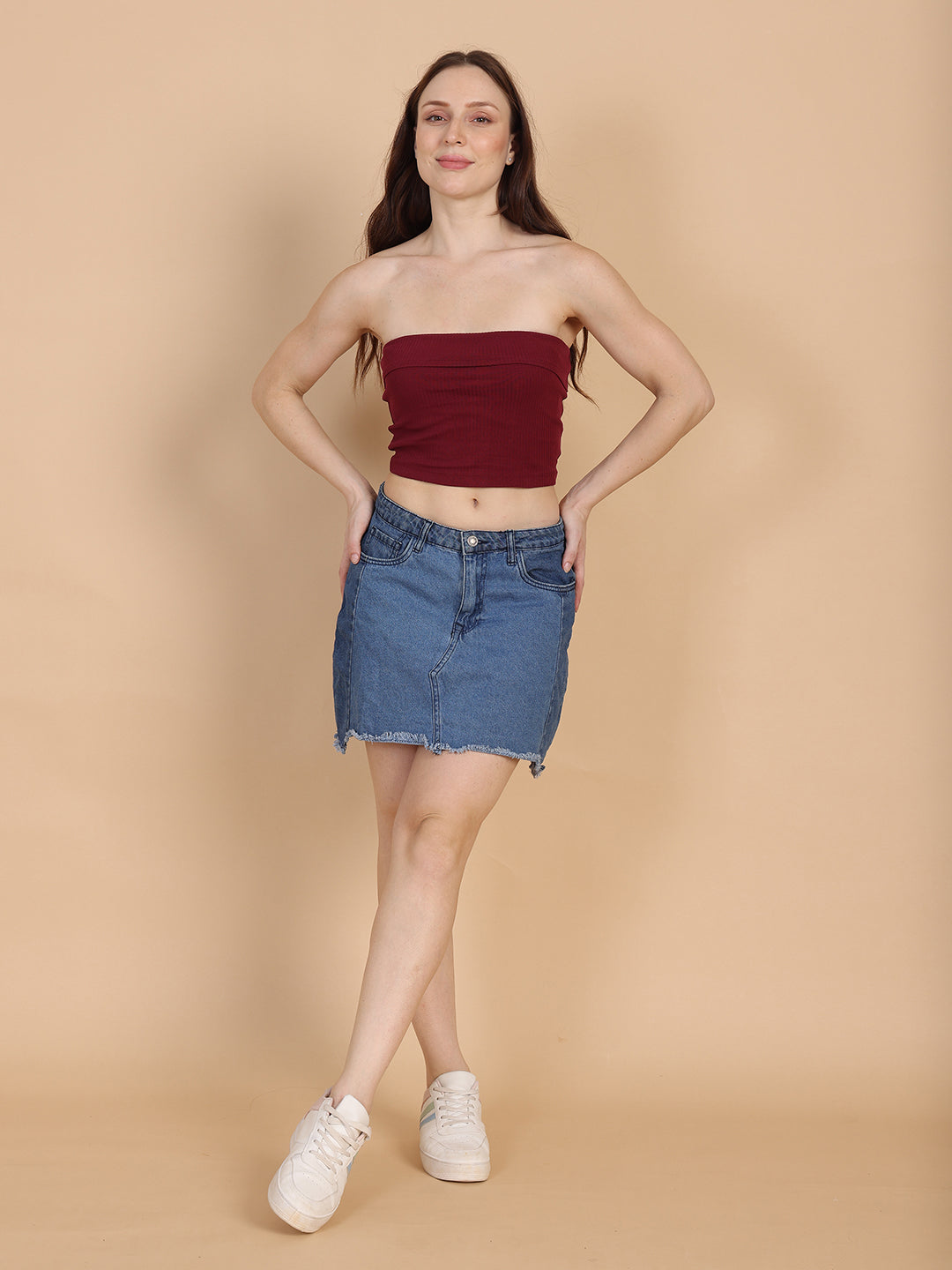 Women Burgundy Over Fold Tube Top