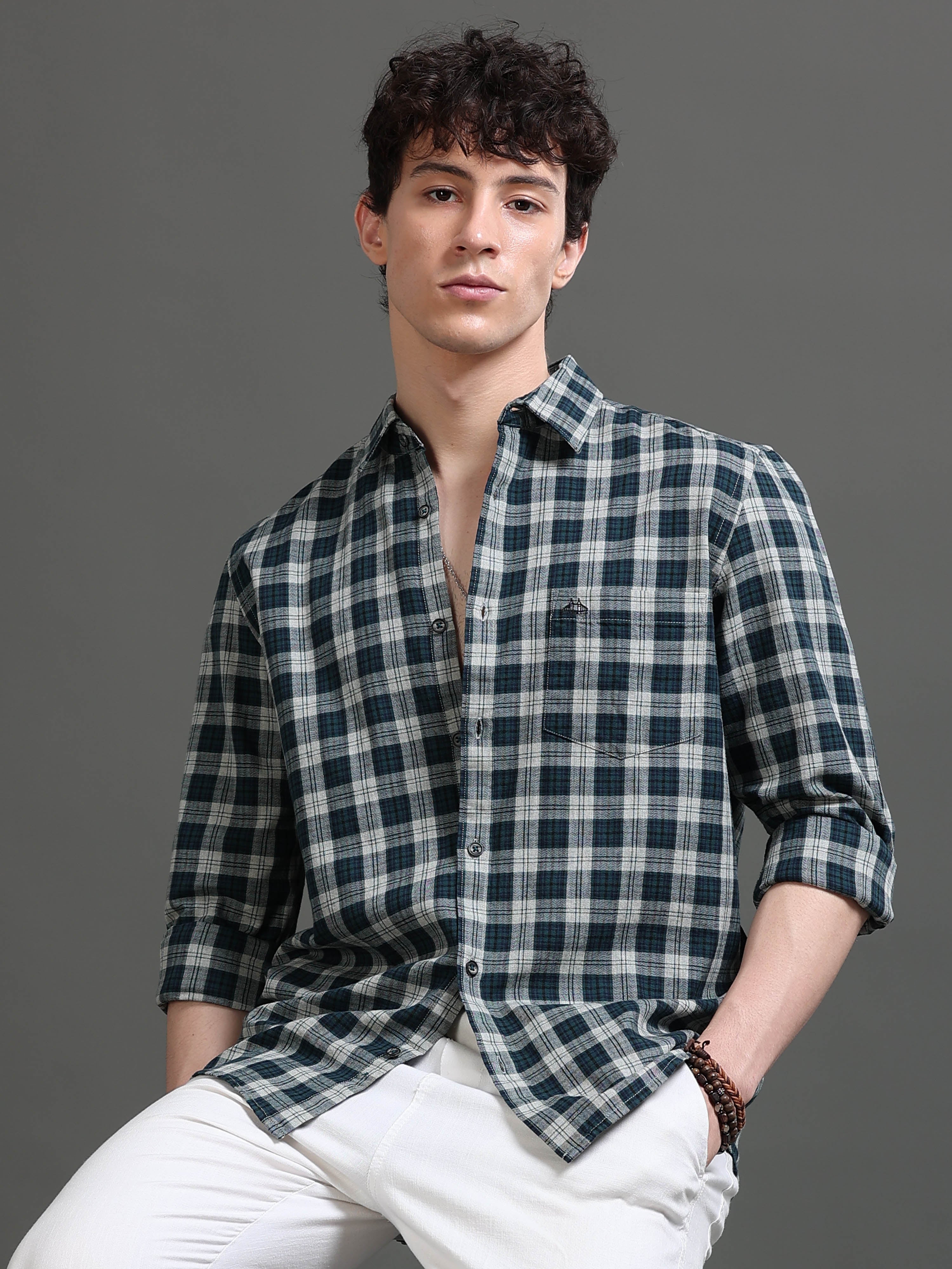Men Teal Checked Shirt