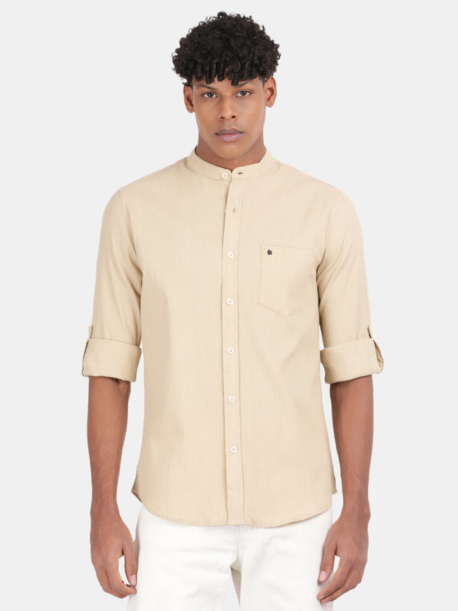 Men Cream Slim Fit Mandarin Collar Full Sleeve Casual Shirt