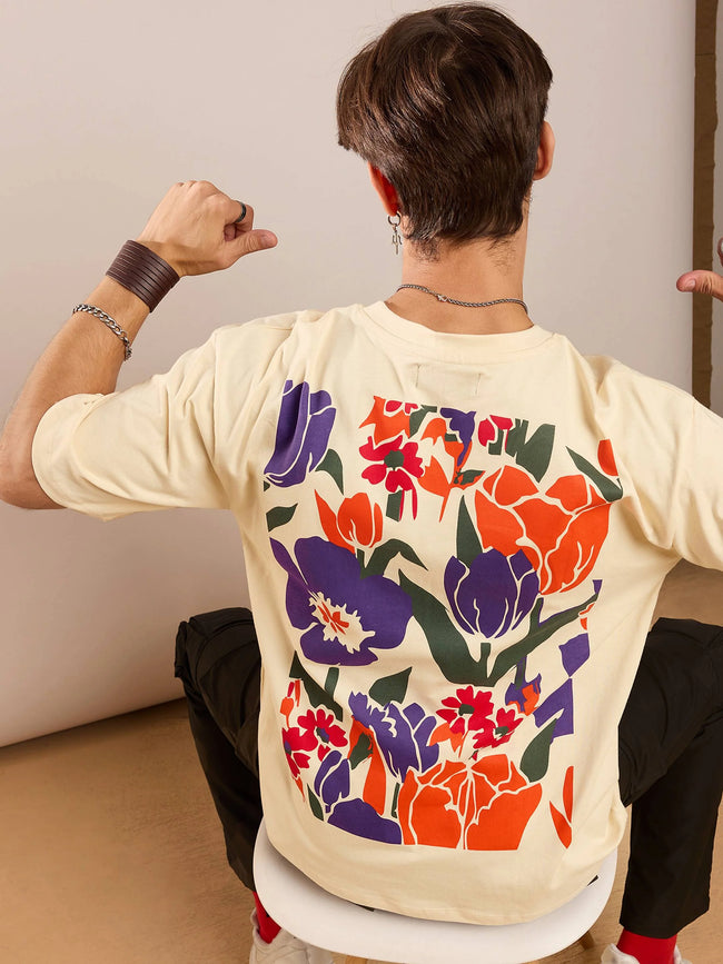 Beige Floral Back Print Oversized T-Shirt