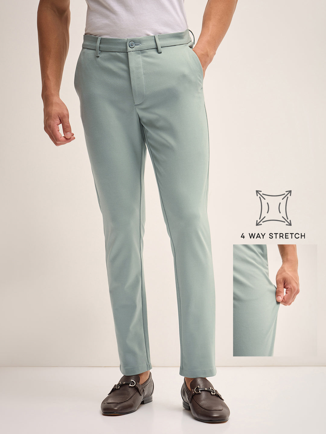 Men Green Solid 4 Way Stretch Formal Trouser