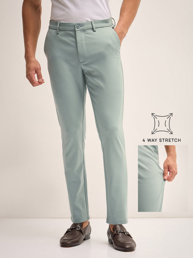 Men Green Solid 4 Way Stretch Formal Trouser