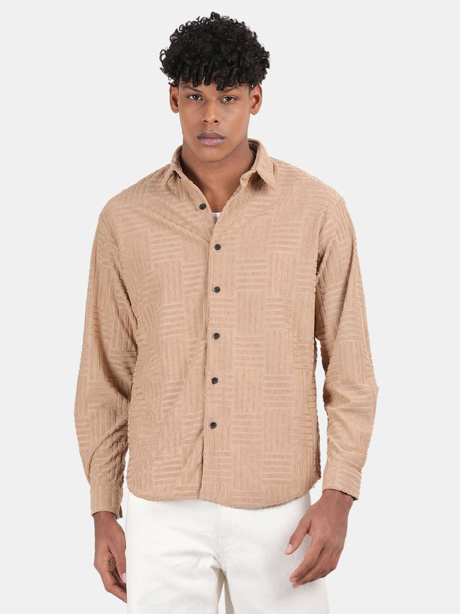 Men Cream Slim Fit Spread Collar Full Sleeve Casual Shirt
