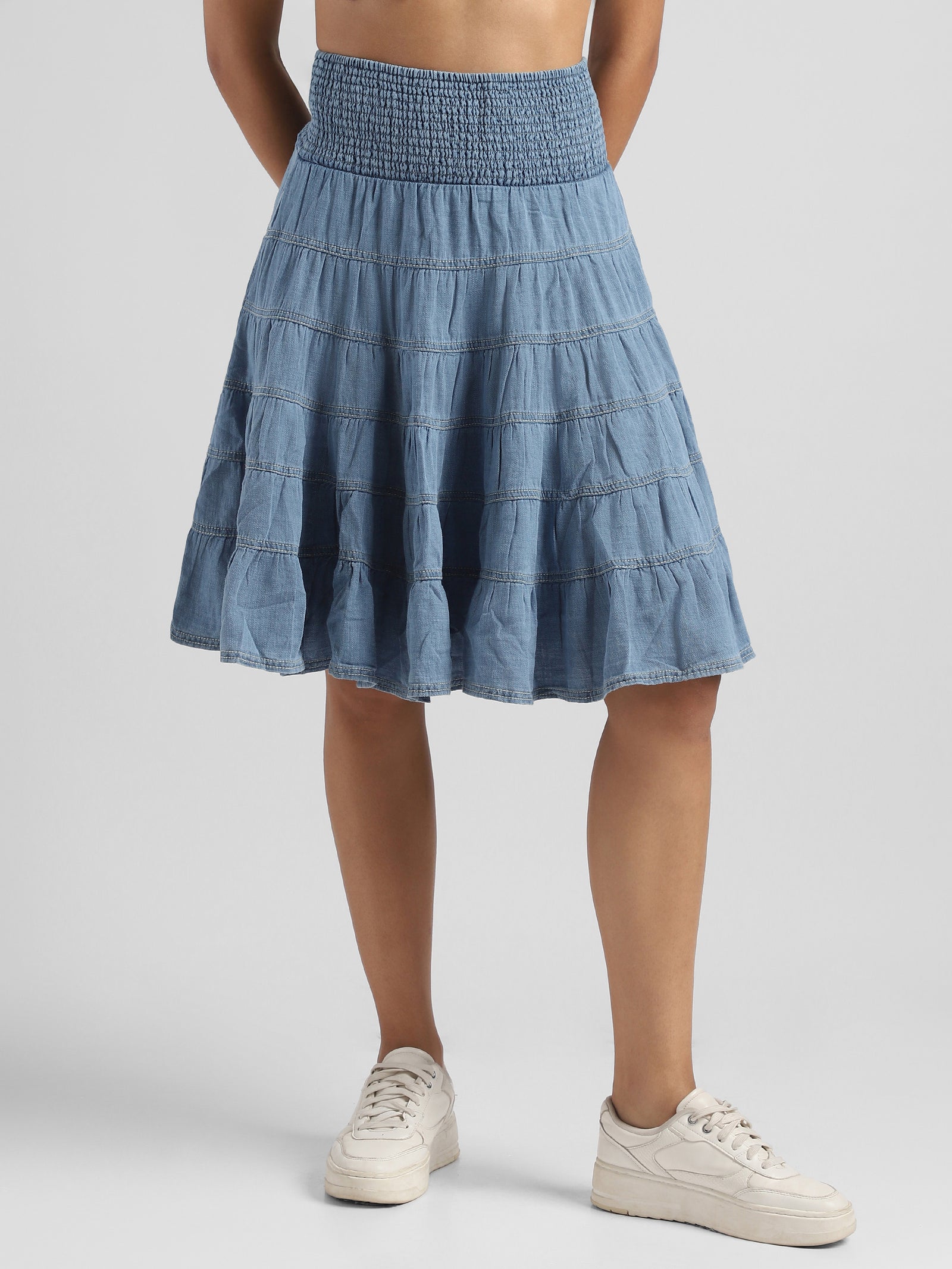 Women Blue Tier Denim Skirt with Smocked Waist