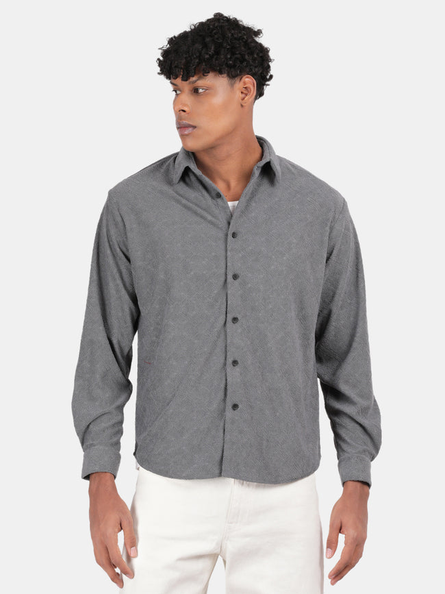 Men Grey Slim Fit Spread Collar Full Sleeve Casual Shirt