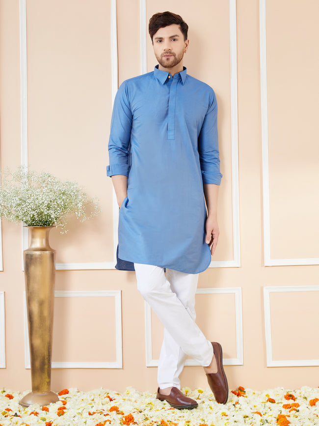 Men Blue Cotton Solid Pathani Kurta