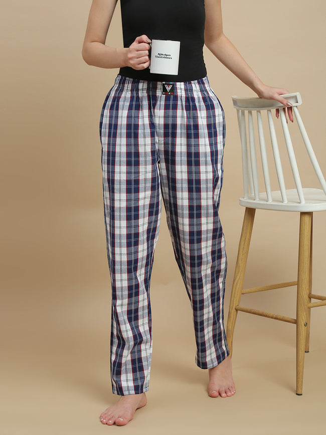 Women Navy & White Checked Cotton Pyjamas