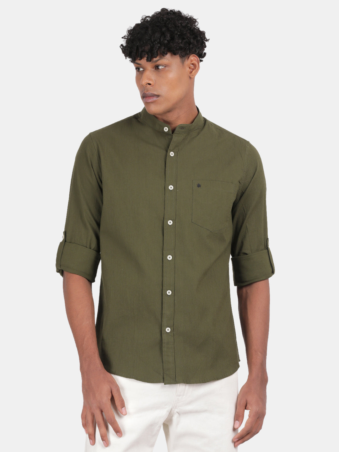 Men Olive Slim Fit Mandarin Collar Full Sleeve Casual Shirt