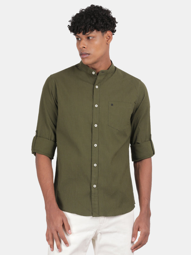Men Olive Slim Fit Mandarin Collar Full Sleeve Casual Shirt
