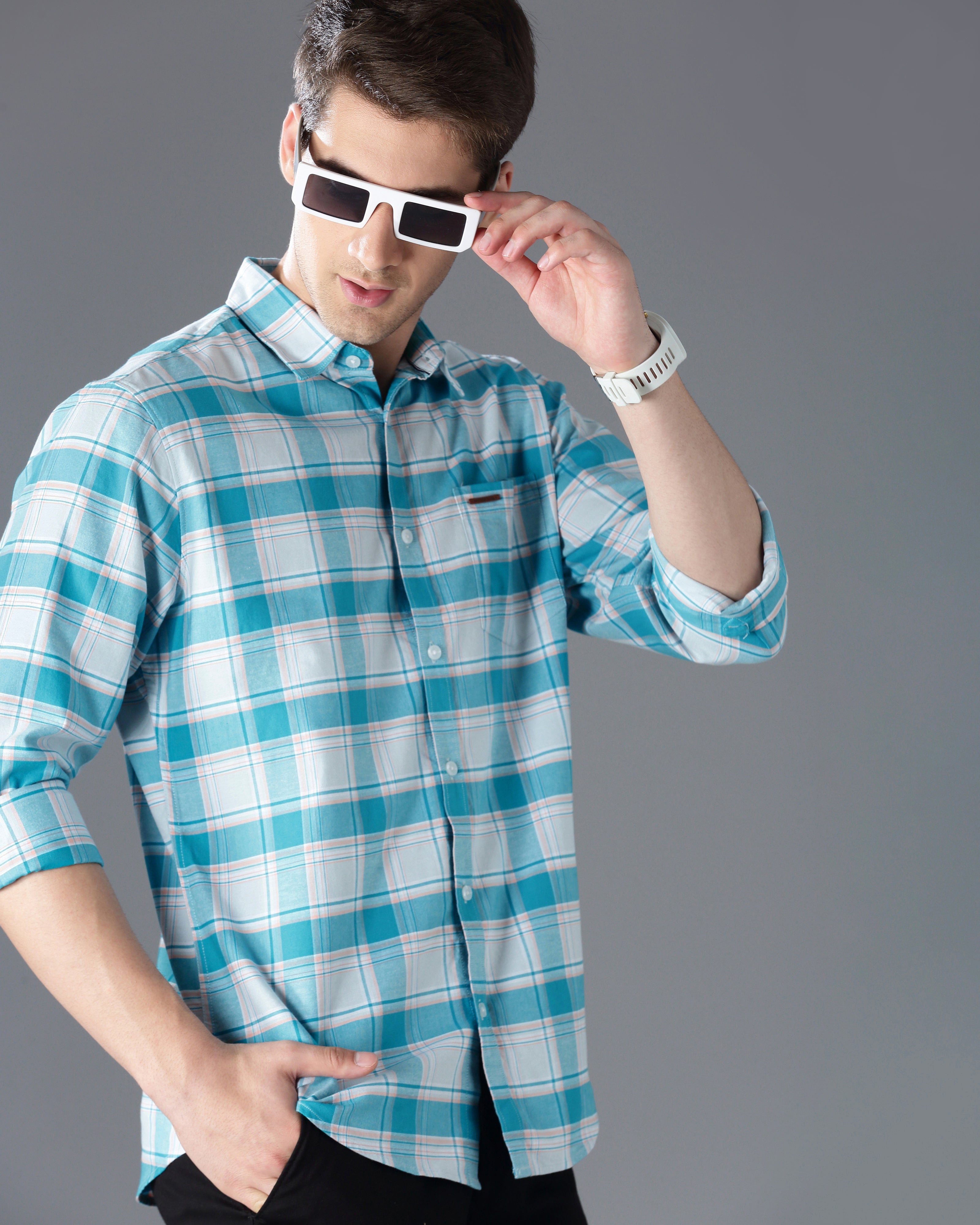 Men Blue Cotton Slim Shirt