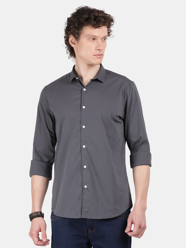 Men Dark Grey Slim Fit Spread Collar Full Sleeve Casual Shirt