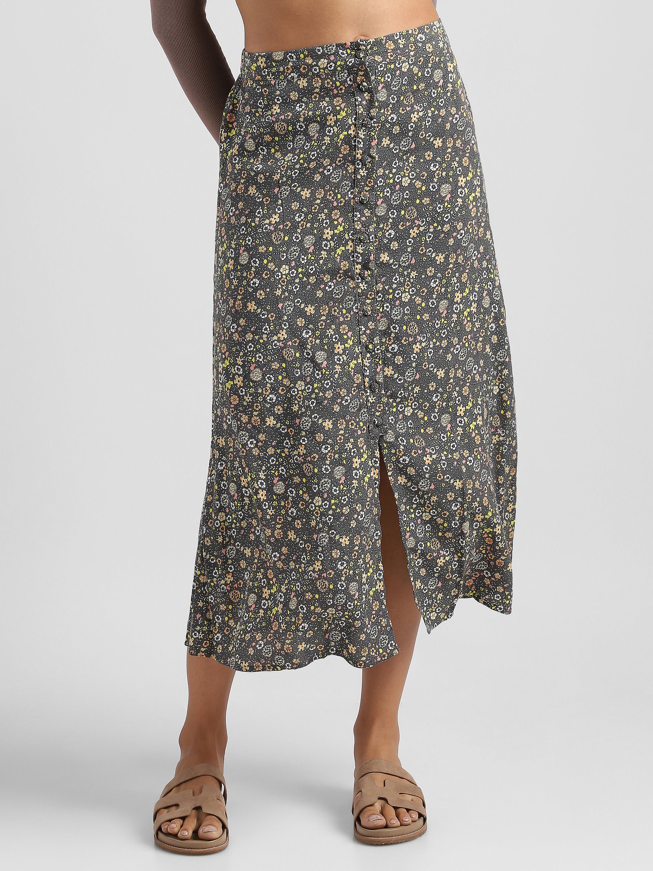Women Grey Floral Printed Straight Fit Skirt