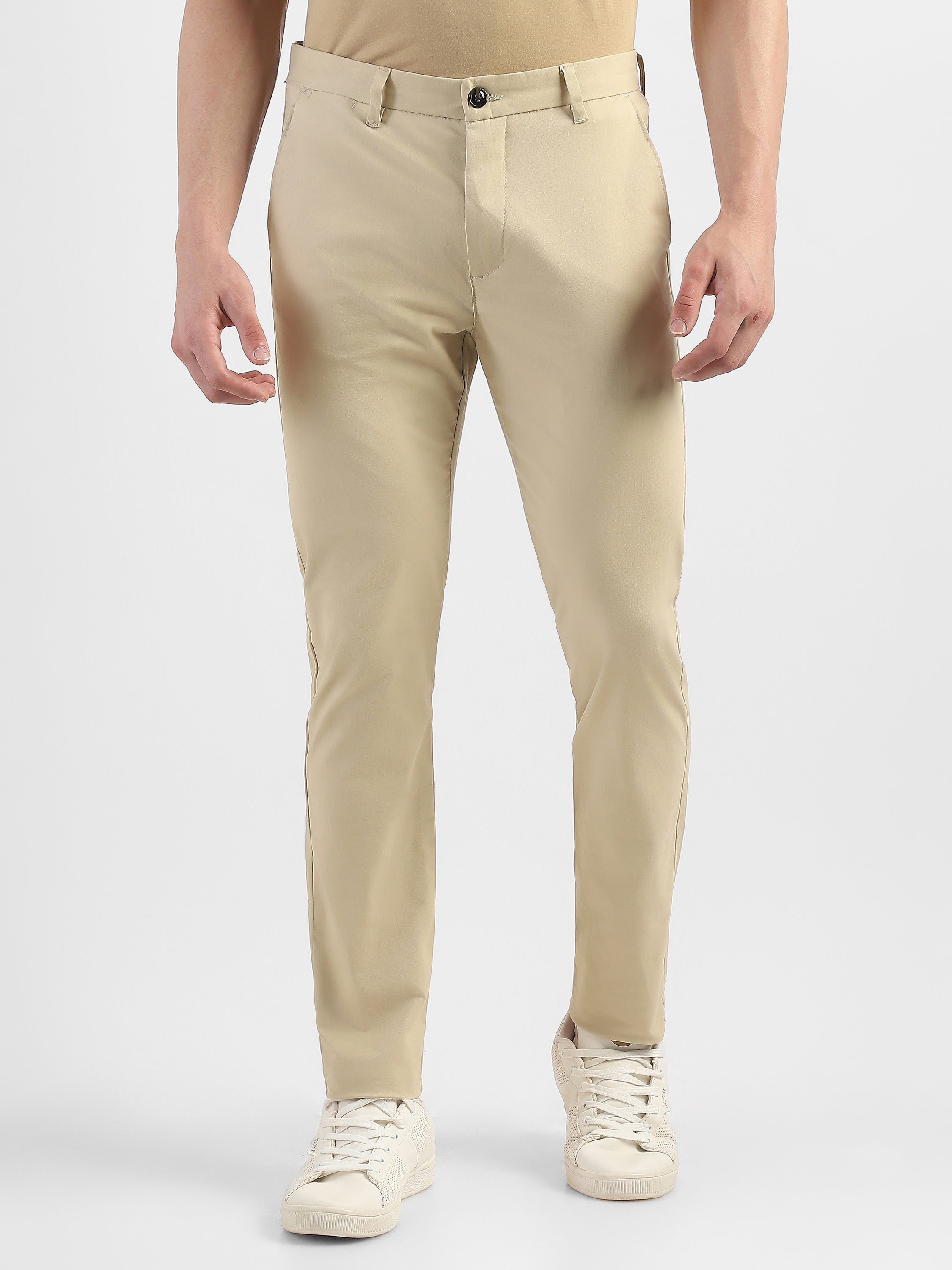 Men Beige Slim Fit Mid Rise Formal Trouser