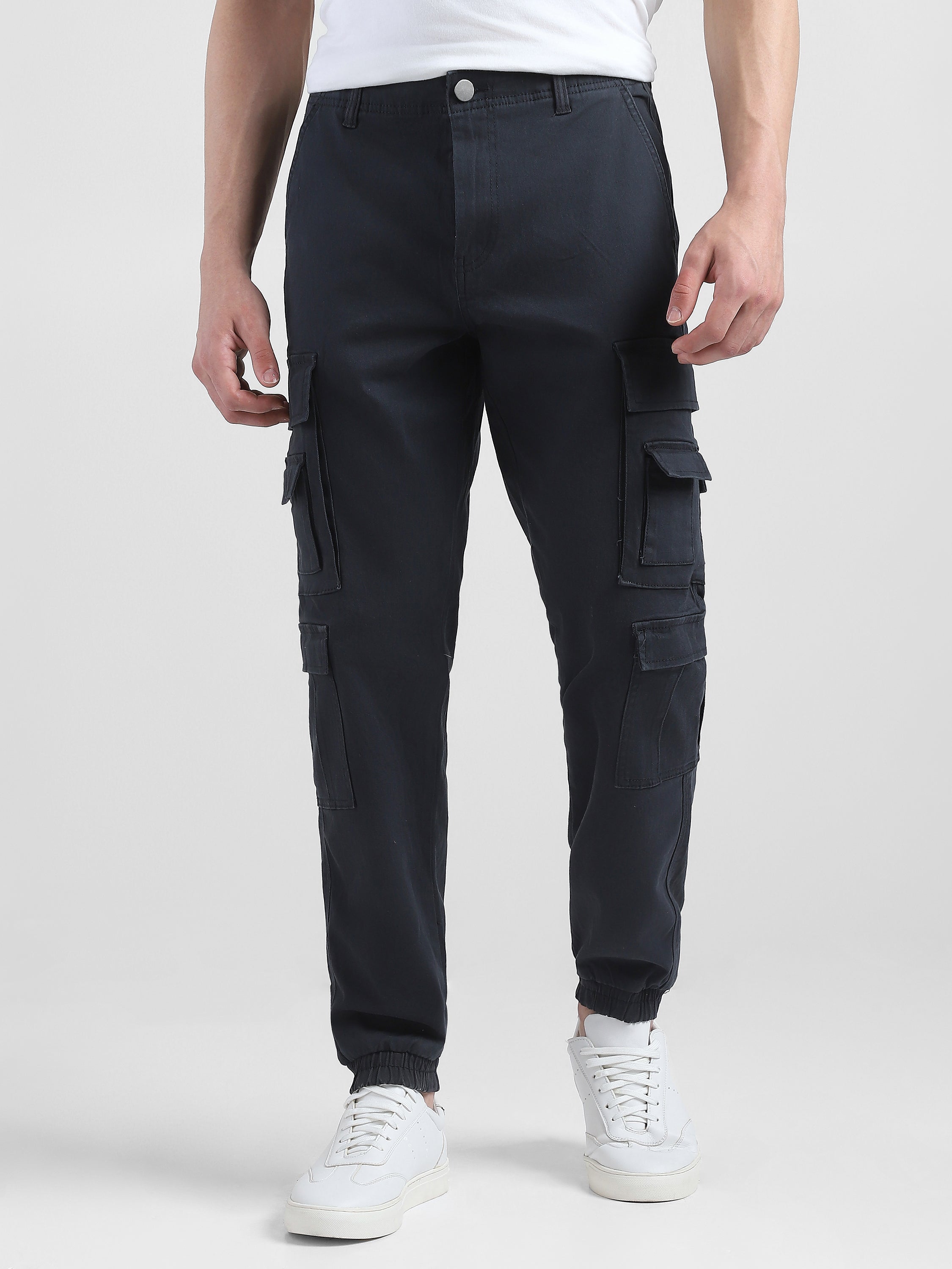 Men Navy Cotton Blend Cargo Pants with 12 pockets