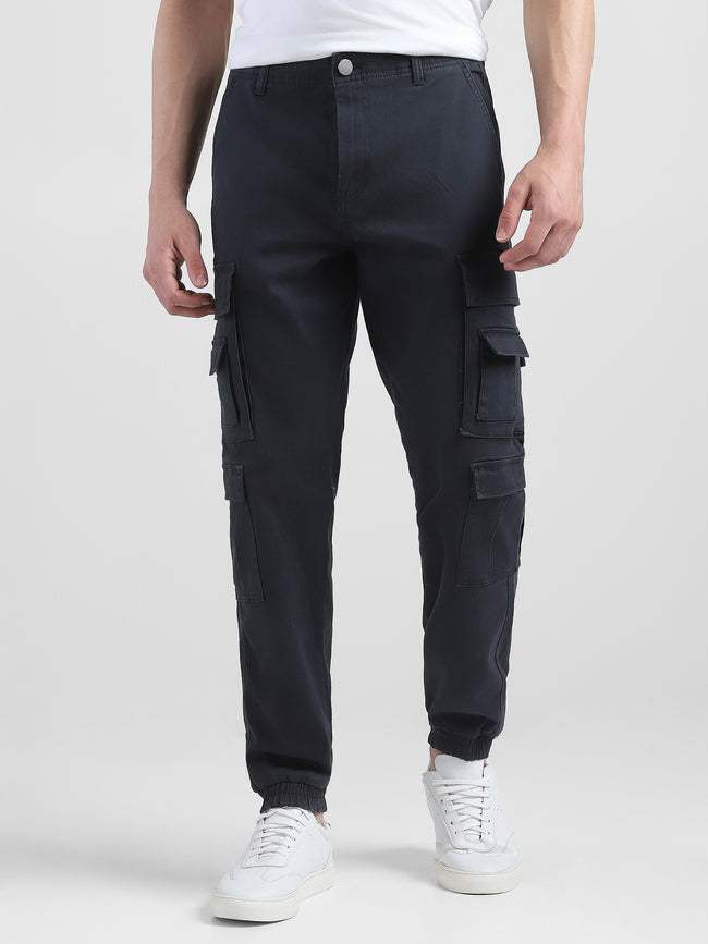Men Navy Cotton Blend Cargo Pants with 12 pockets