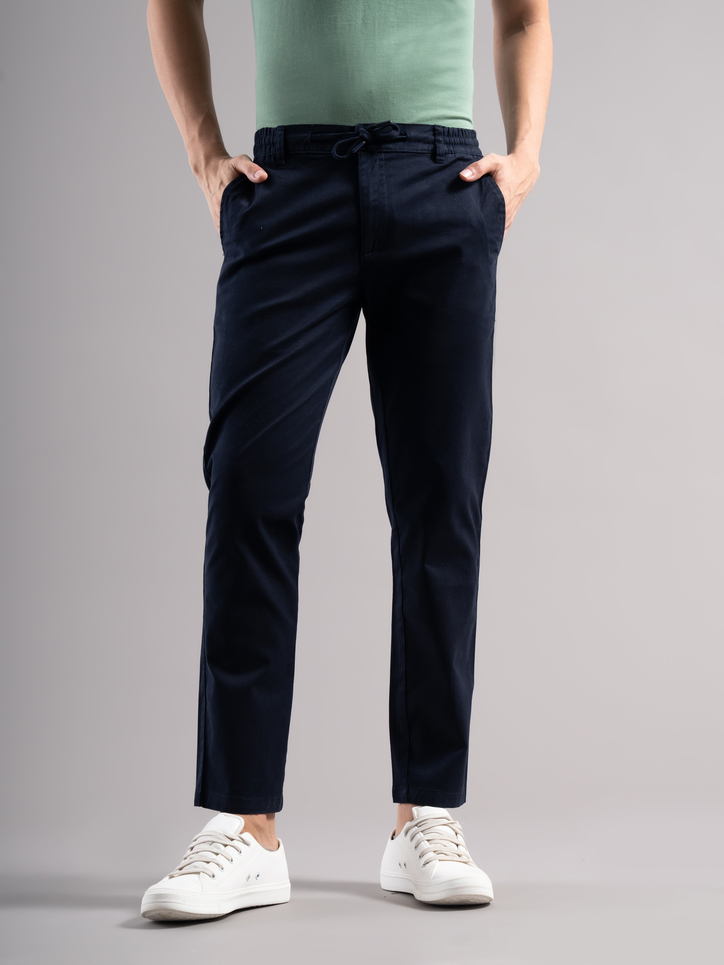 Men Blue Elastic Drawstring Trousers