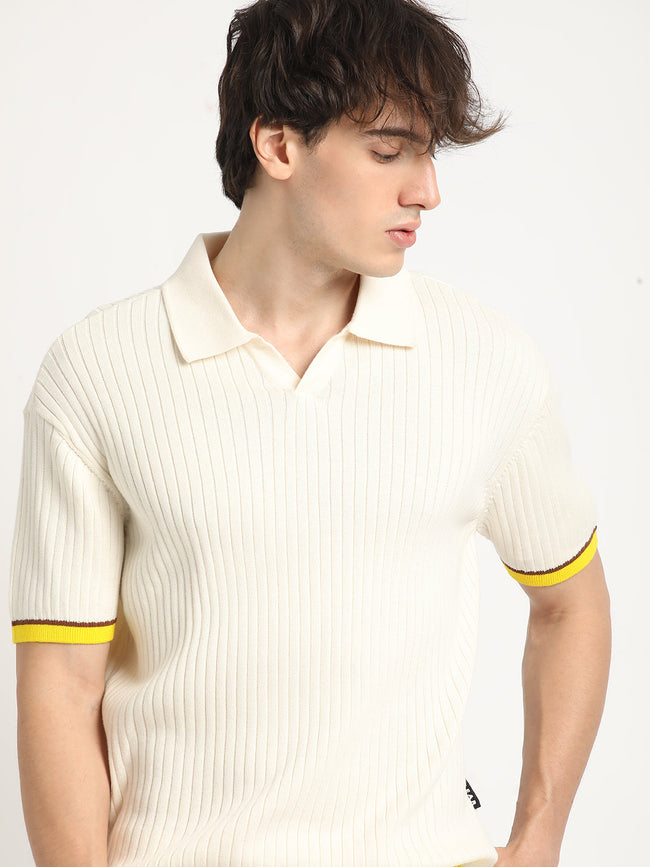 Men Cream Knitted Regular Fit Polo Collar T-shirt