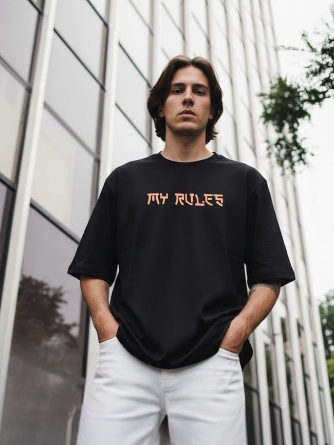 Men Black Oversized Printed T-shirt