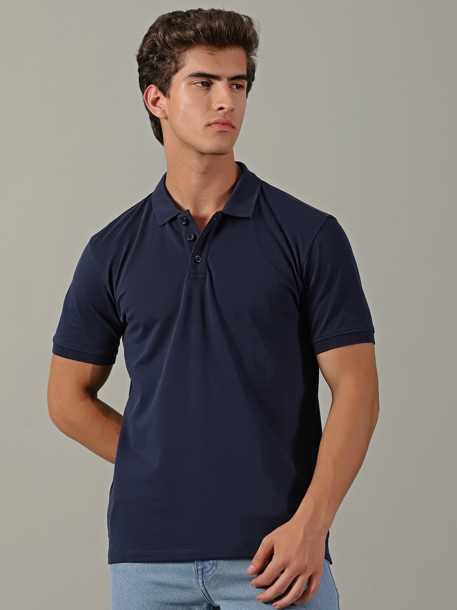 Men Navy Johnny Collar T-Shirt