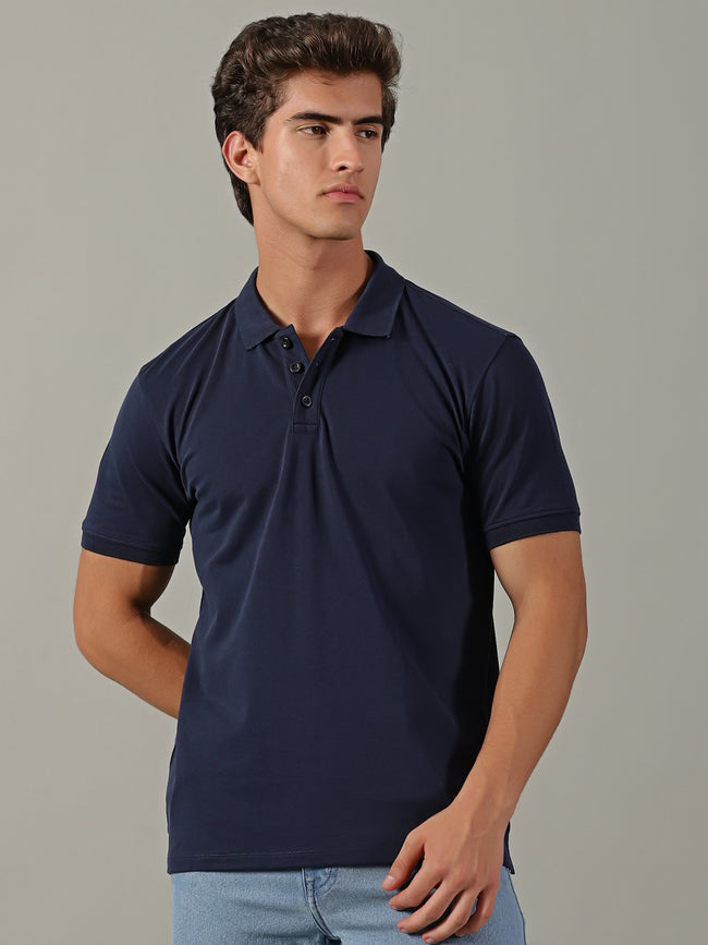 Men Navy Johnny Collar T-Shirt
