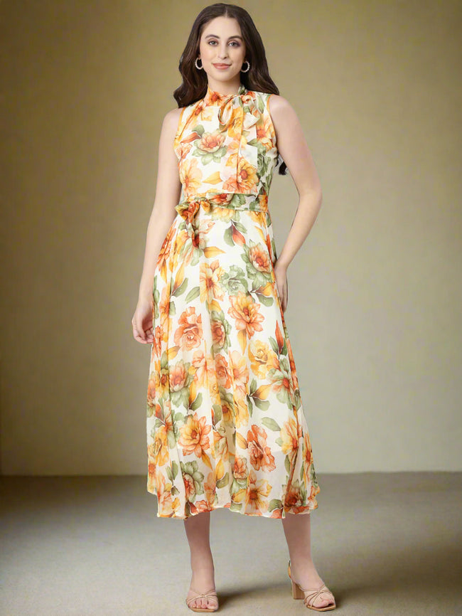 Women Floral Woven Maxi Chiffon Dress