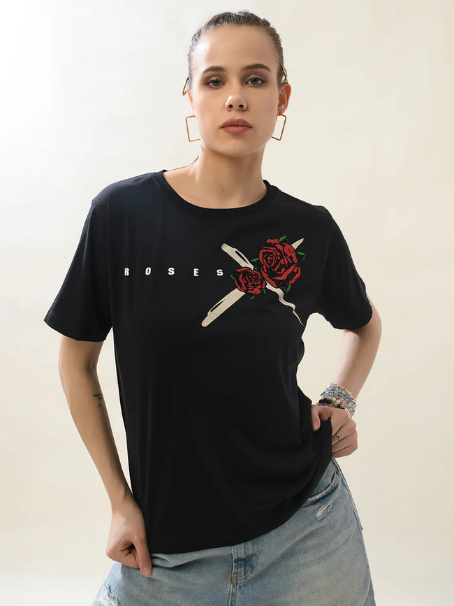 Women Black Cotton Relaxed T-Shirt