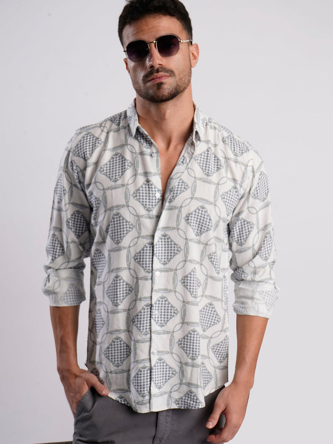 Men White and Blue Abstract Printed Shirt