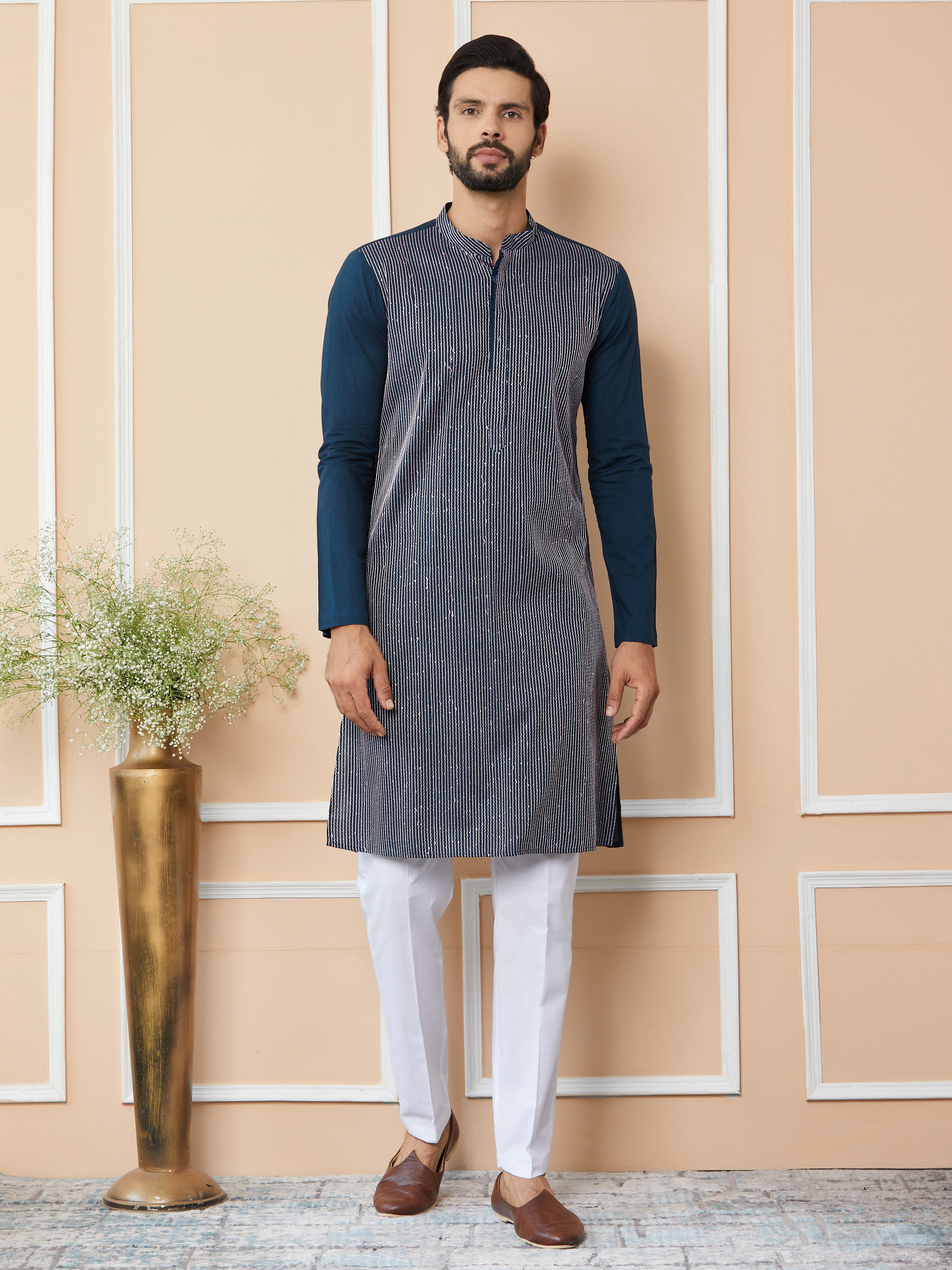 Men Dark Blue Thread & Sequin Worked Pure Cotton Straight Kurta