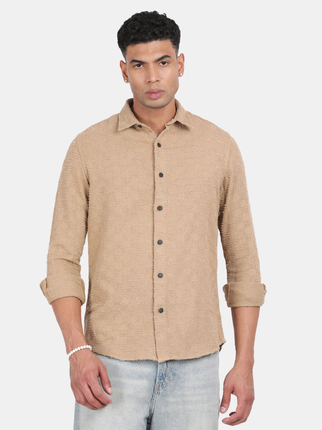 Men Brown Slim Fit Spread Collar Full Sleeve Casual Shirt