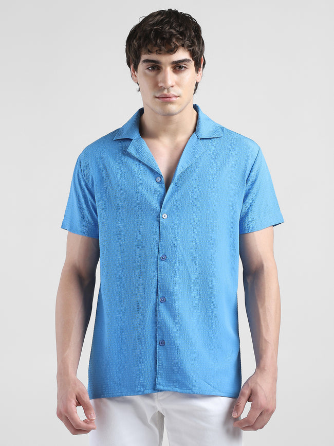 Men Textured Casual Blue Shirt