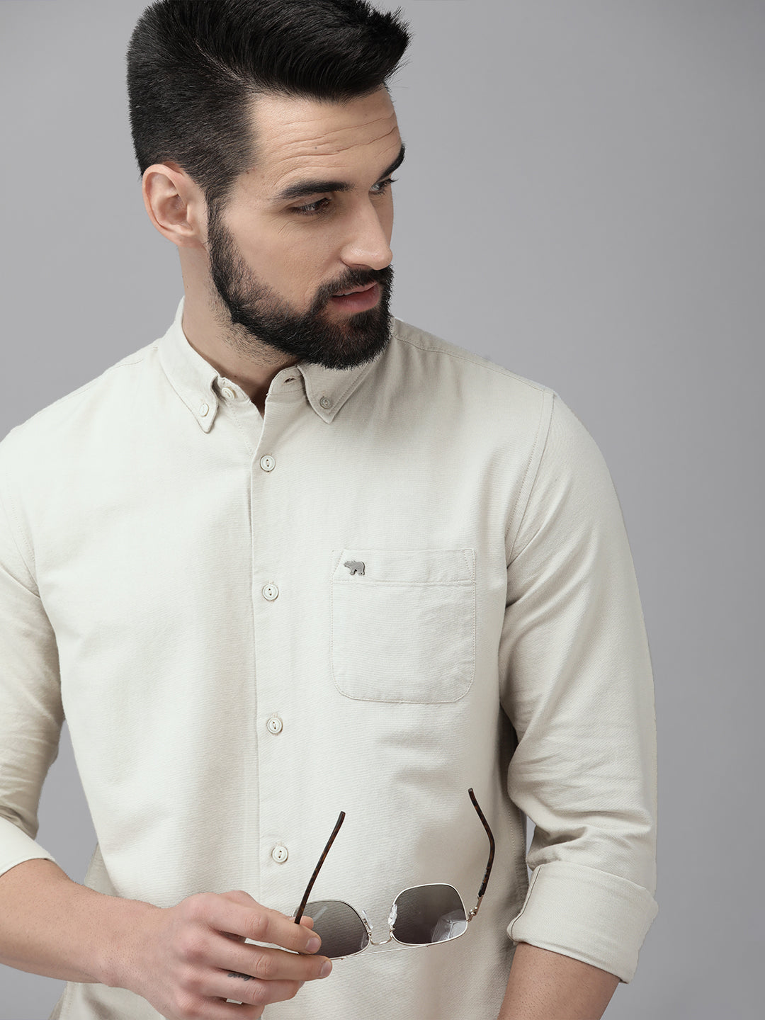 Men Beige Solid Slim Fit Cotton Shirt