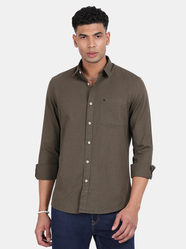 Men Green Slim Fit Spread Collar Full Sleeve Casual Shirt