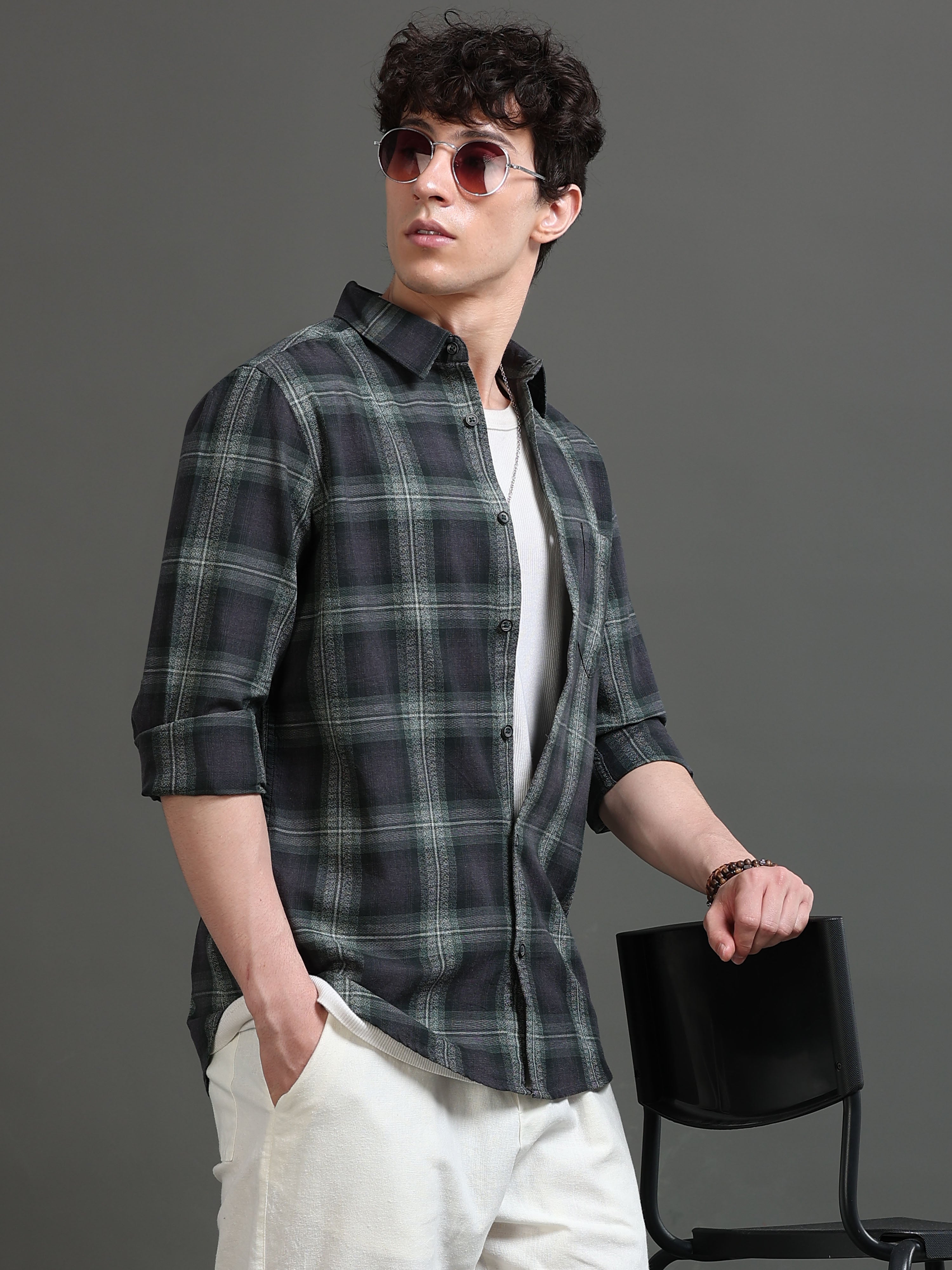 Men Green Checked Shirt