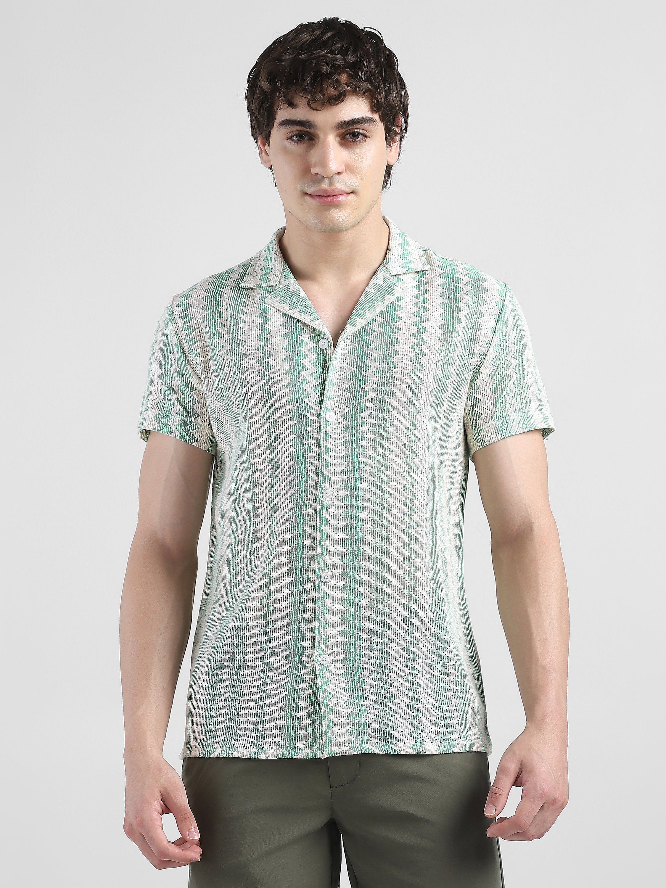 Men Lace See through Green Casual Shirt