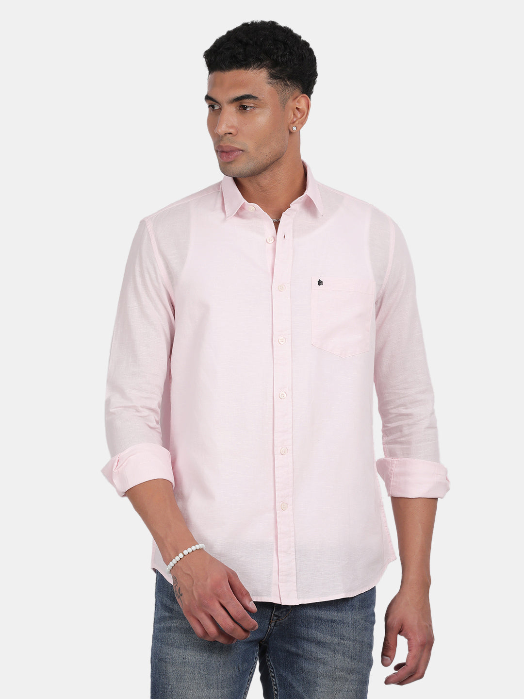 Men Light Pink Slim Fit Spread Collar Full Sleeve Casual Shirt