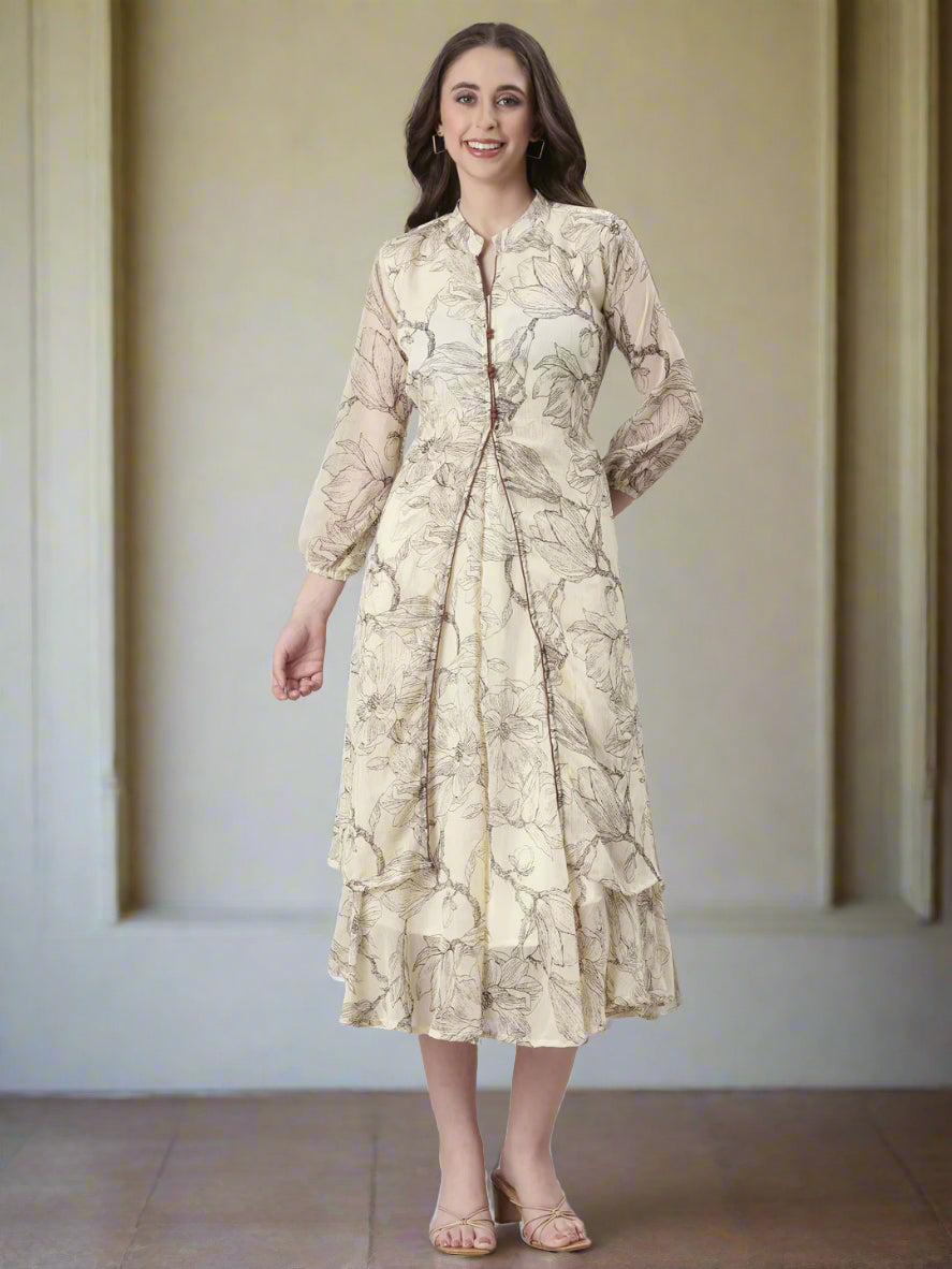 Women Cream Floral Tiered Midi Dress