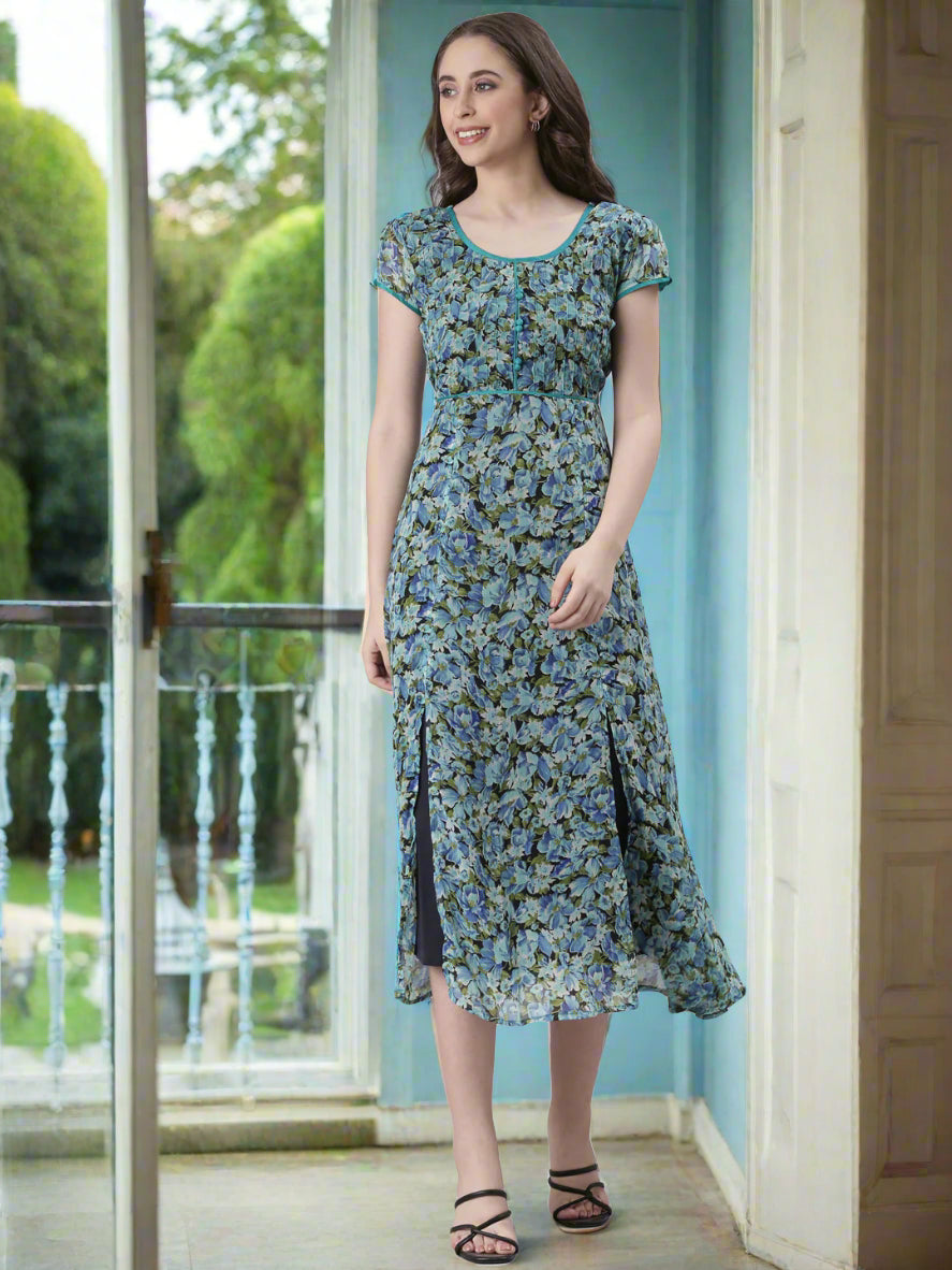 Women Blue Floral Printed Fit & Flare Dress