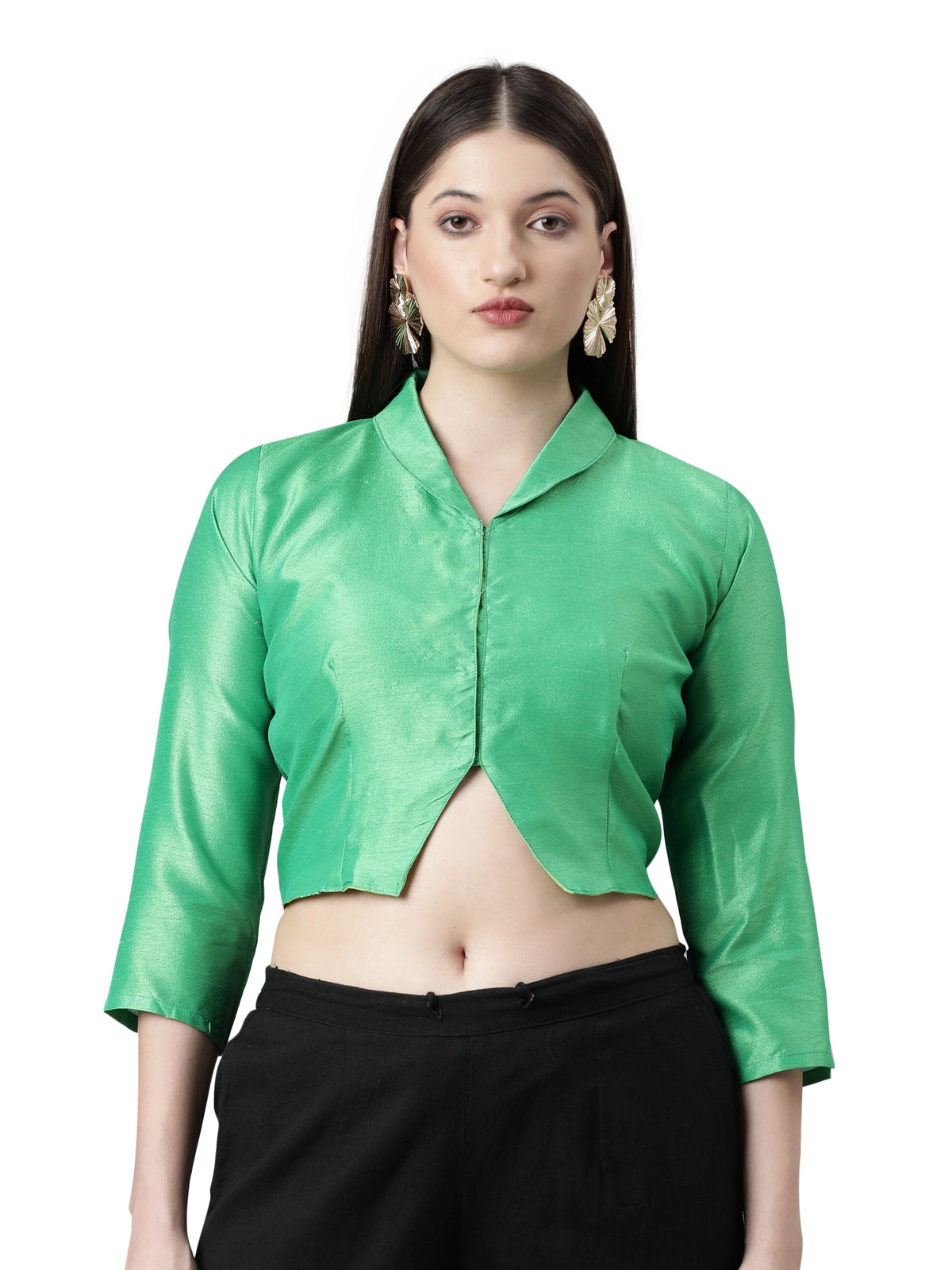 Green Solid Three-Quarter Sleeves Mandarin Collar Dupion Silk Knot Blouse