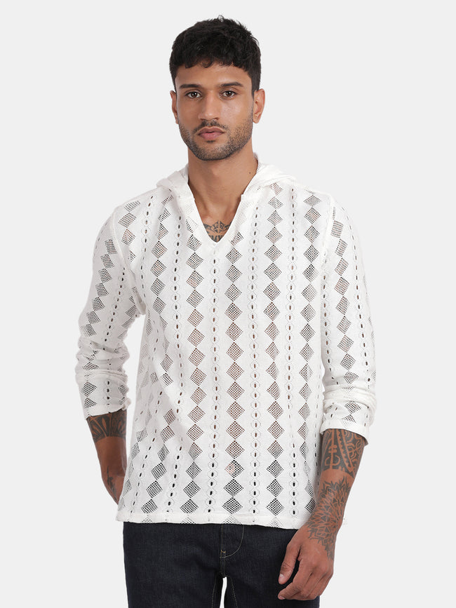 Men White Regular Fit Spread Collar Full Sleeve Hoodie