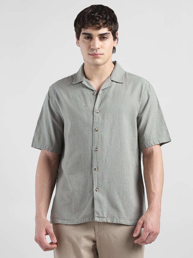 Men Olive Spread Collar Cotton Blend Shirt