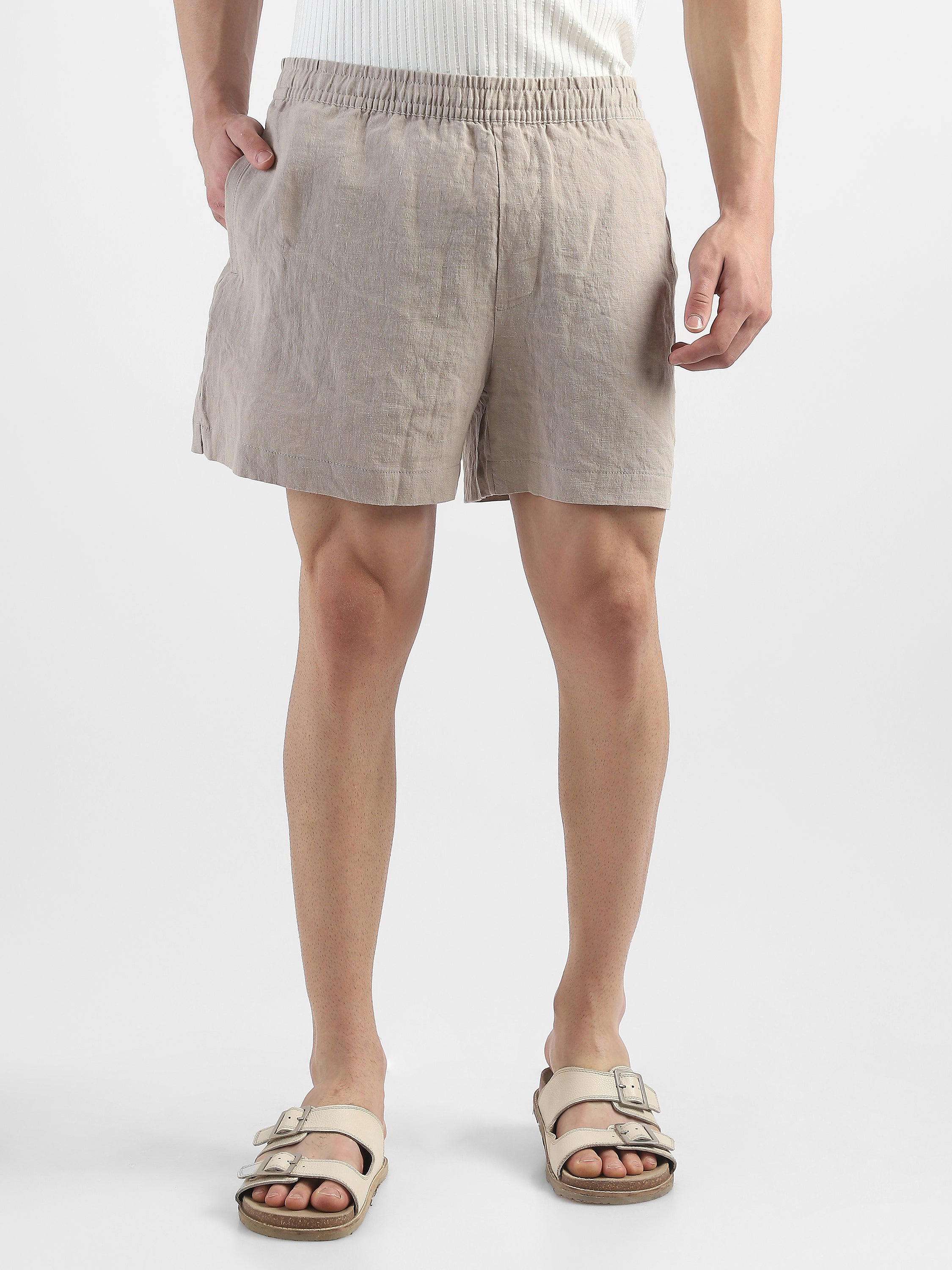 Men Beige Cotton Linen Shorts