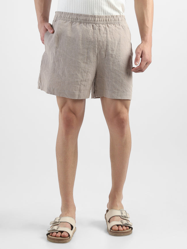 Men Beige Cotton Linen Shorts