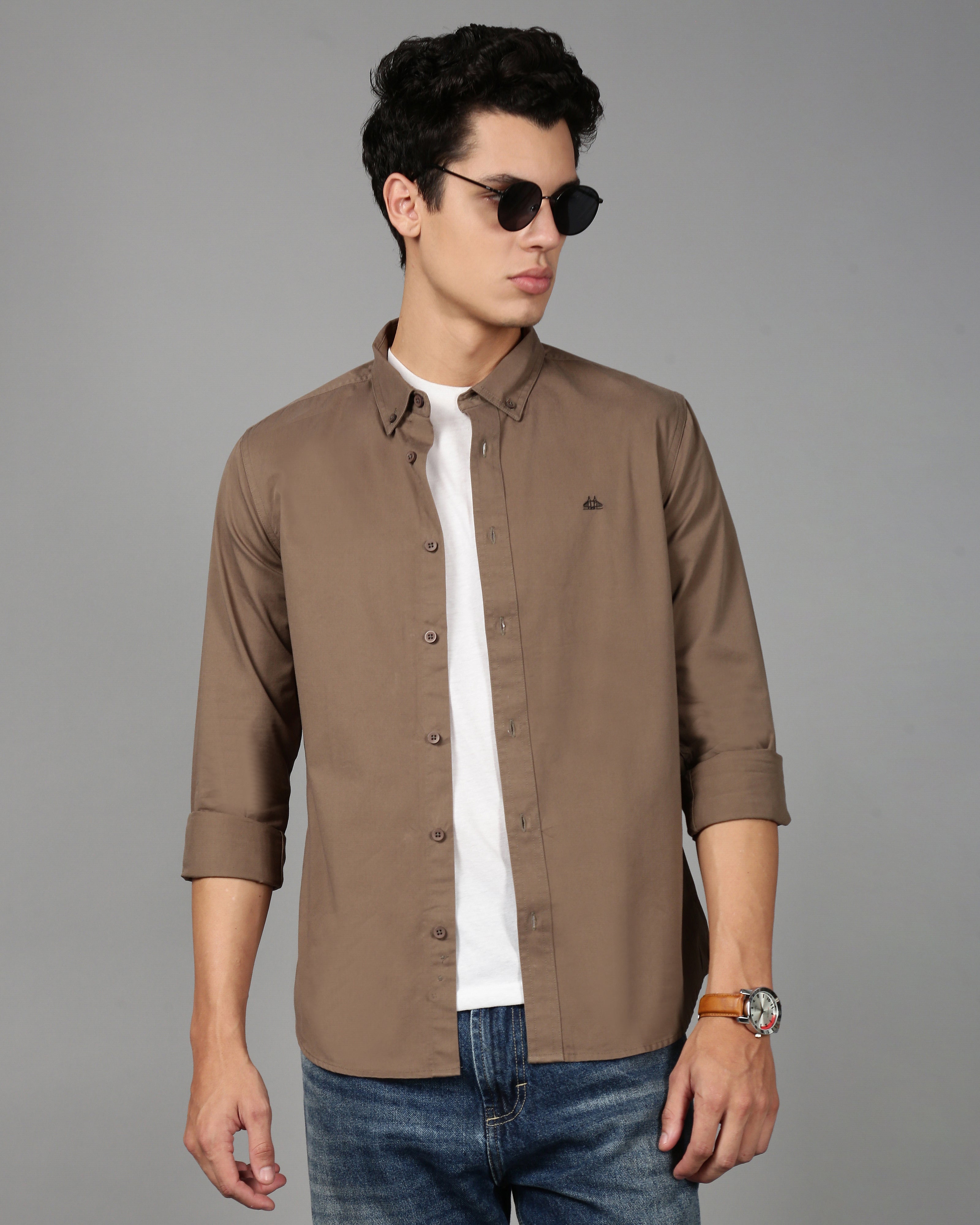 Men Brown Cotton Twill Shirt