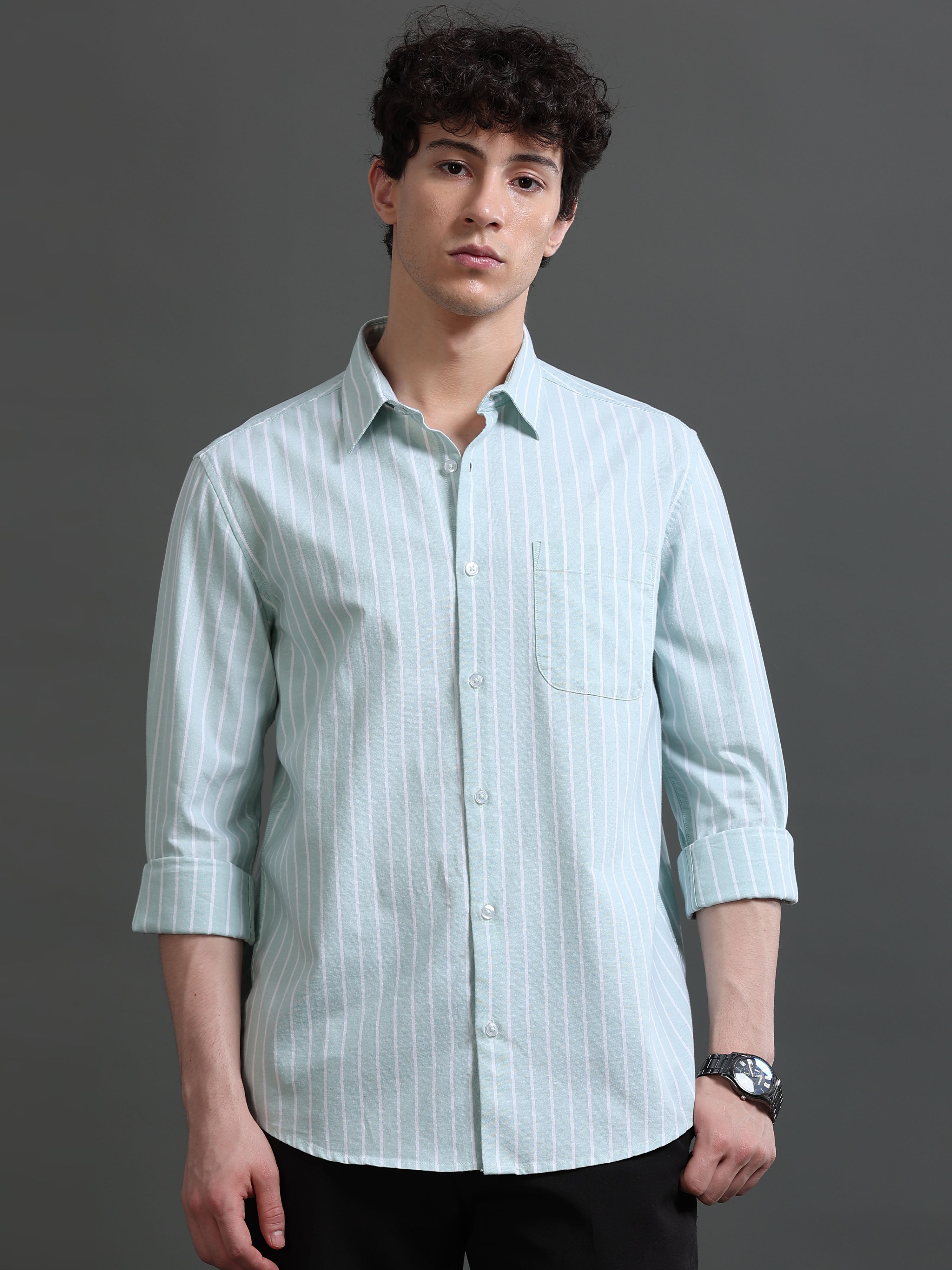 Men Green Striped Shirt