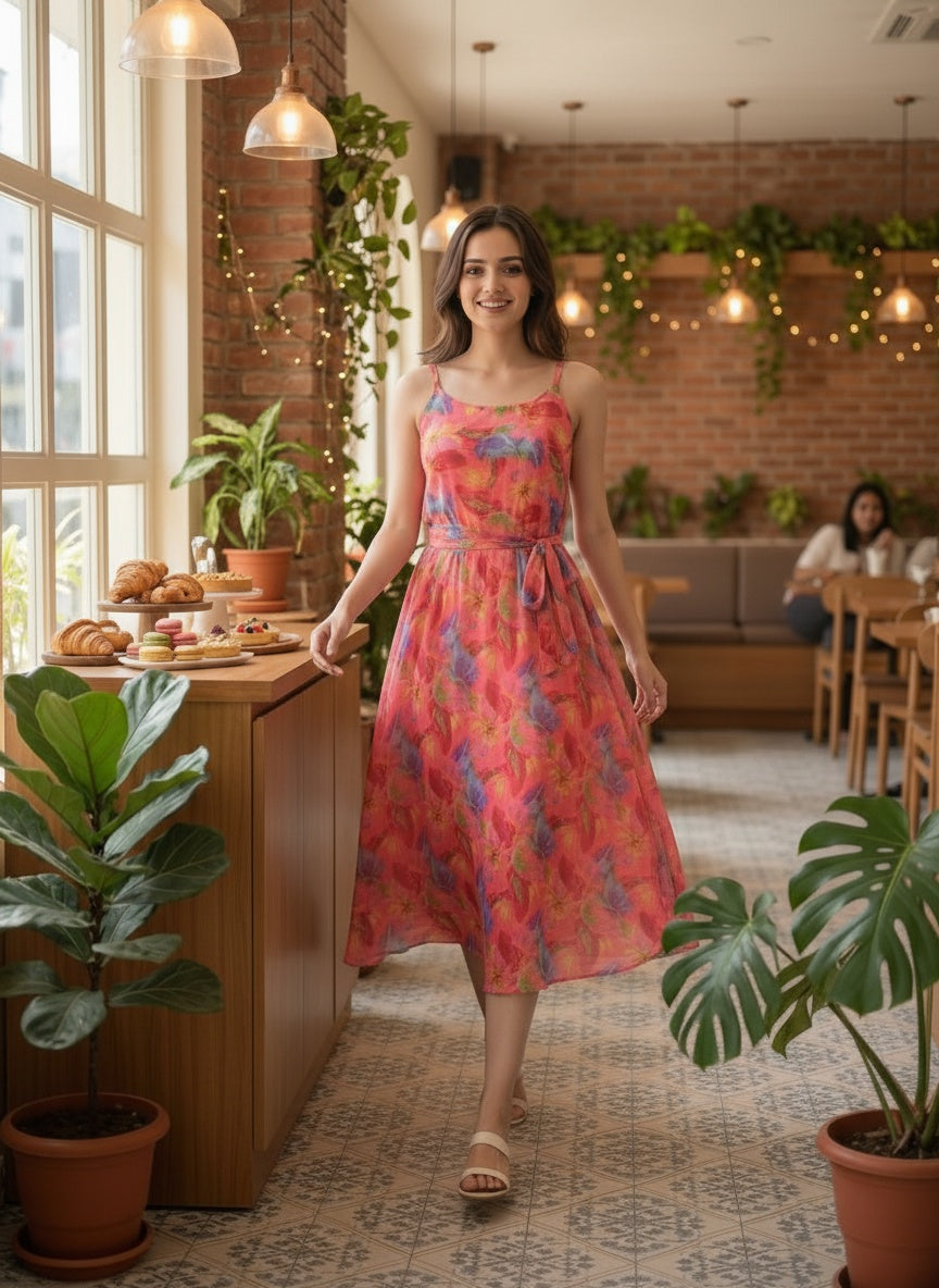 Women Floral Chiffon Midi Dress